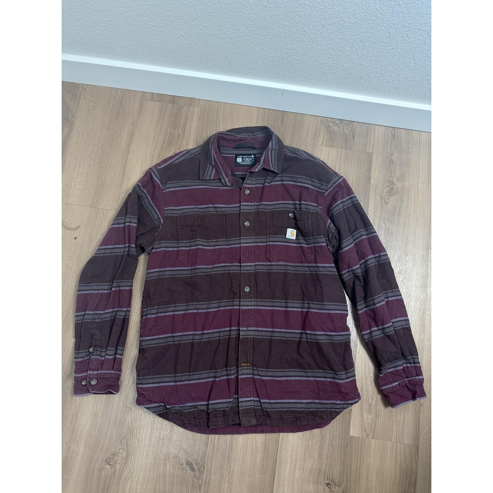 Carhartt Shirt Mens‎ Large Red Striped Flannel Fleece Lined Button Up Workwear
